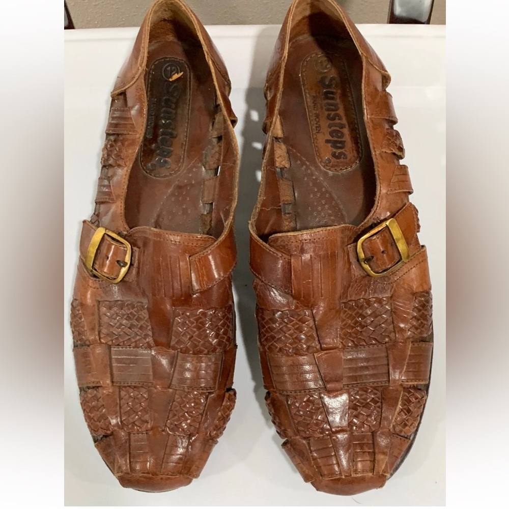Sunsteps mens sz 12 handwoven Brown Leather Sandals huarache‎ slip on